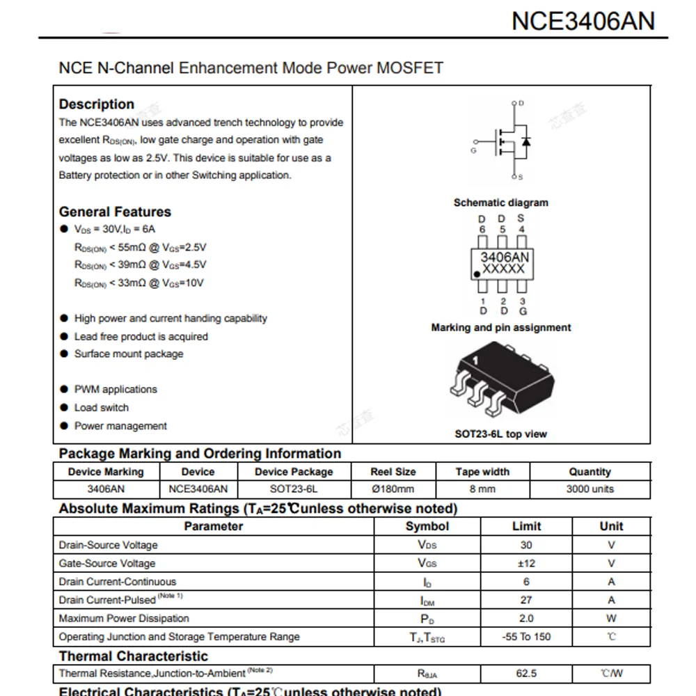(100 pcs) NCE3406AN SOT-23-6L 3406AN - N-Channel MOSFET 30V 6A Low RDS(on)