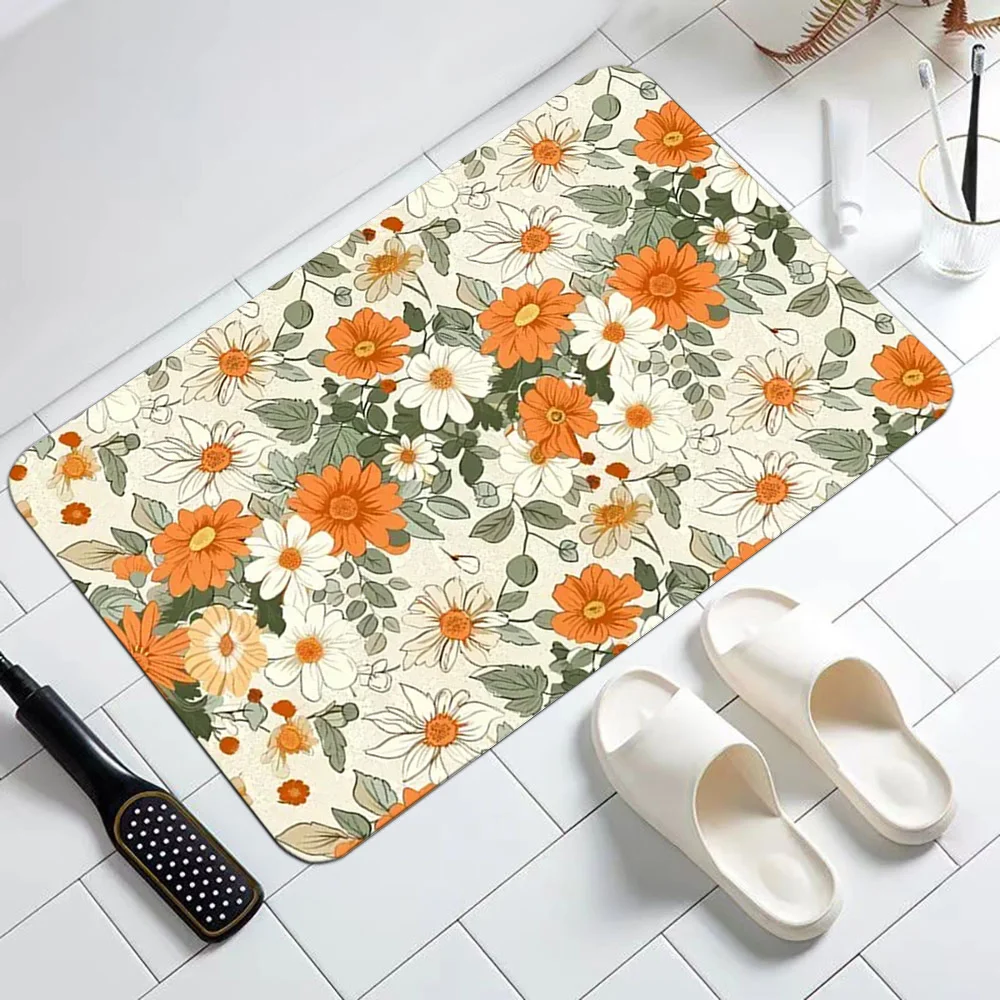 1pc Yellow and white daisy patterned floor mat, polyester fabric, machine washable, suitable for bedrooms and living rooms.