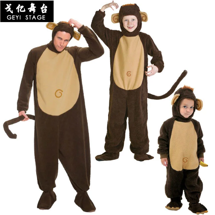 Kigurumis Kids Baby Animal Monkey Costume Children Adult Halloween Cosplay Suit Velvet Funny Animal Jumpsuits Family Costume