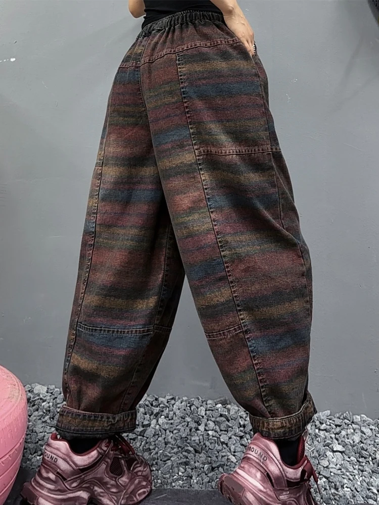 Amax LuluE الخريف الكورية جينز غير رسمي المرأة الكلاسيكية مخطط موضة خمر الدنيم السراويل السيدات فضفاضة مرونة الخصر الحريم بنطلون