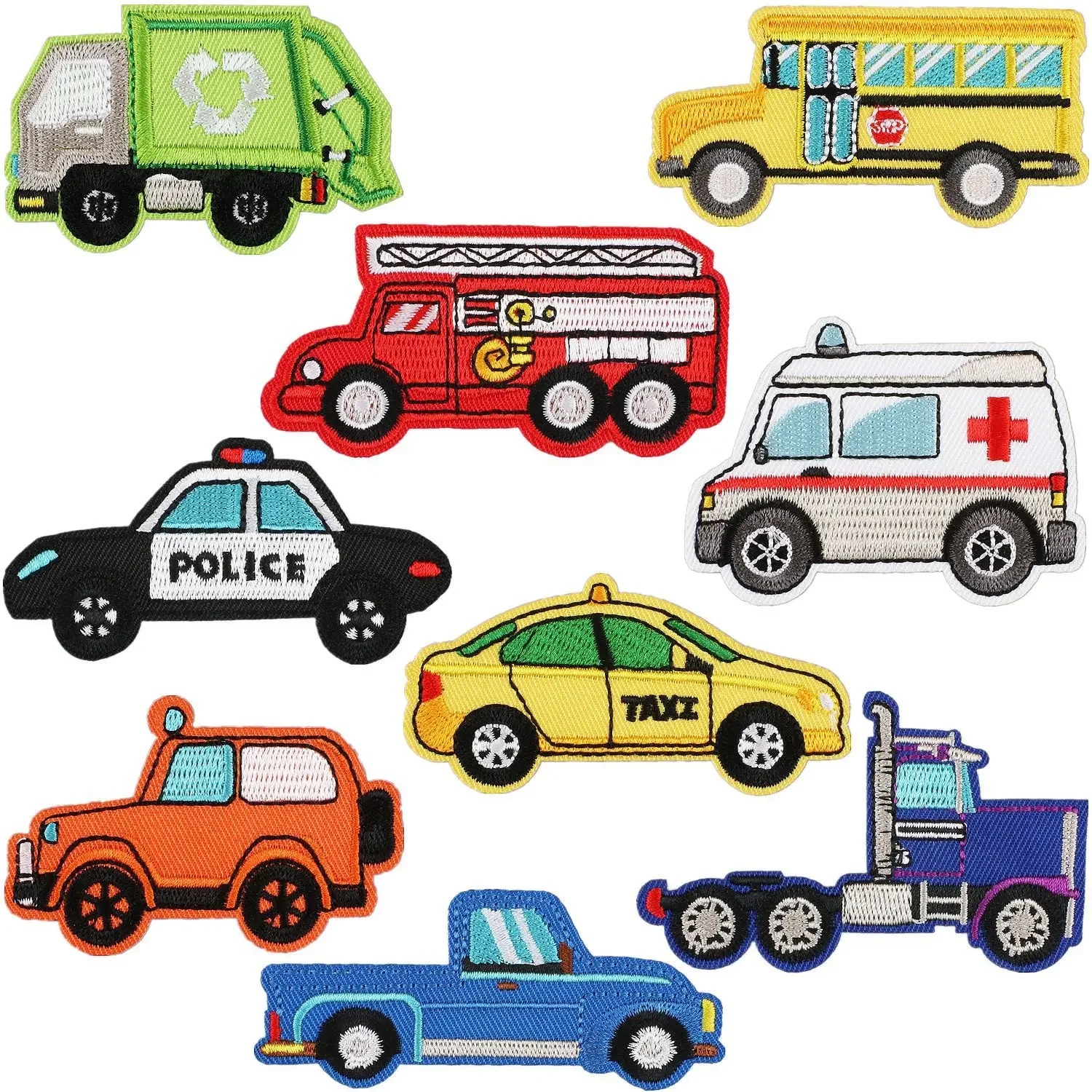 Special Vehicles Cartoon Embroidery Iron on Patch for Kids Clothing Trash Truck Ambulance Taxi Police Car Fire Engine Appliques