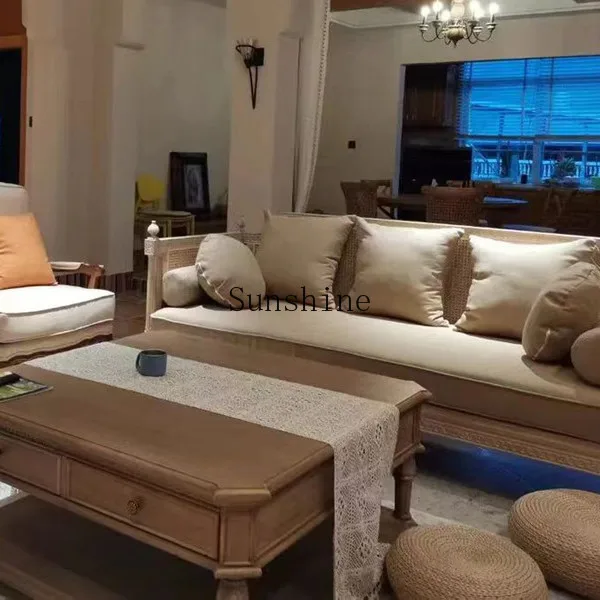 American solid wood fabric sofa triple combination small apartment living room retro braided rattan pumping dual-purpose