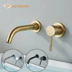 Bathroom Basin Faucet Brushed Golden Concealed Wall Mounted Faucet Tap 360 Rotation Single Handle Hot Cold Water Bath Mixer Tap