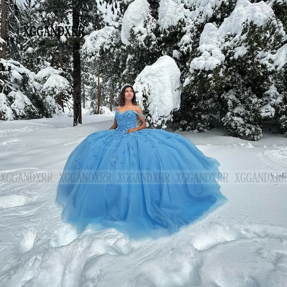 New Flower Blue Quinceanera Dresses 2024 Vestido De 15 Años Sweet 15 16 Off Shoulder Backless Sweet 15 16 XV Birthday Prom Party