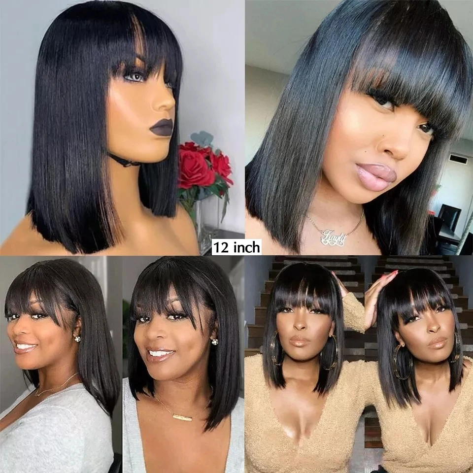 Straight Bob Human Hair Wigs With Bangs Full Machine Made Wigs Glueless Brazilian Remy Human Hair No Lace Bob Wigs For Woman