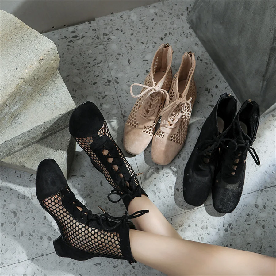 2024 Fashion Mesh Women Summer Boots Hollow Out Gladiator Sandals Chunky Heel Lace-up Ankle Boots Ladies Short Booties Shoes