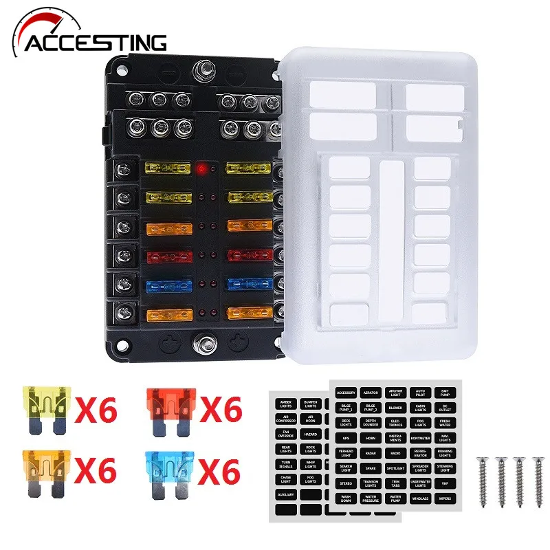 6 Way/12 Way Auto Fuse Box Plastic Cover Blade 12V 32V Fuse Holder RV Camping Car Electrical Appliances Circuit Breaker