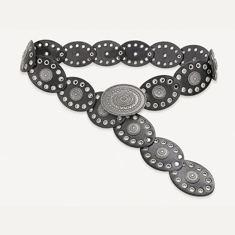 Vintage Western Cowboy Belt for Men Women Exaggerated Oval Hollow Metal Buckle Wide PU Leather Belt Fashion Waistband Accessory
