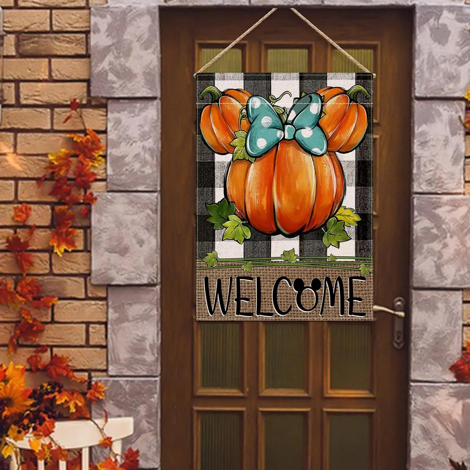 Welcome Fall Pumpkin Decorative House Flag, Autumn Thanksgiving Buffalo Plaid Check Garden Yard Outside Decorations, Farmhou PPM