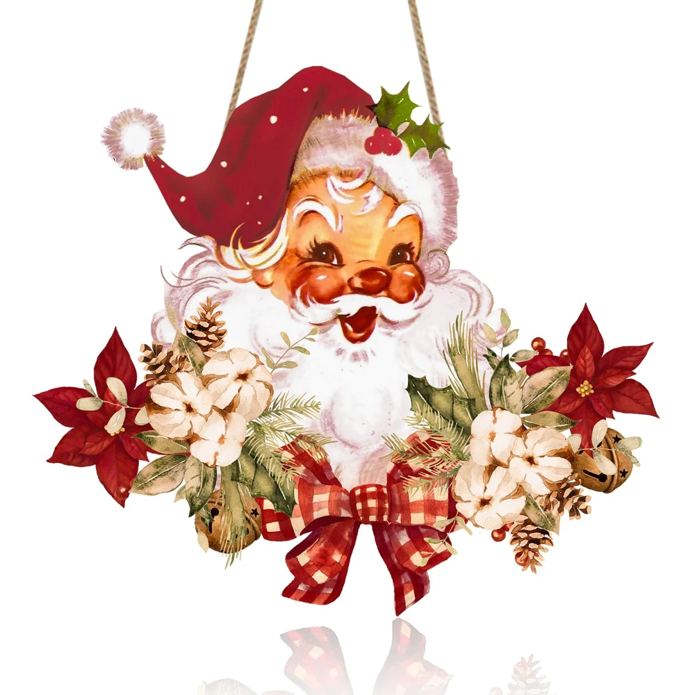 Wooden Santa Claus Hanging Sign Cartoon Christmas Welcome Sign for Front Door Wall or Window Suitable for Indoor Outdoor