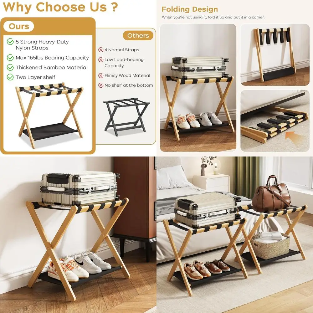 

Пара бамбуковых чемоданов с тканевой полкой и 5 ремнями для гостиничных номеров, 26,77x16,93x22,5