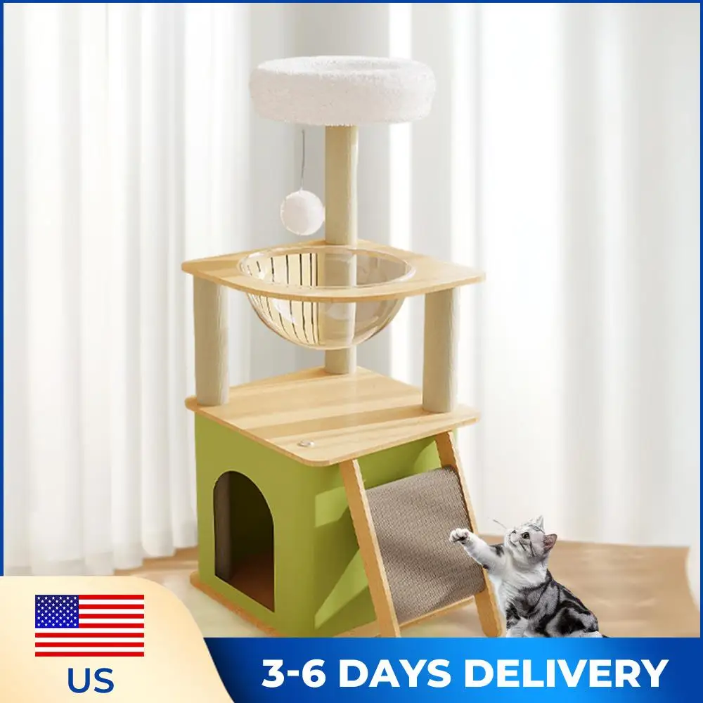 

Зеленая когтеточка-дерево для кошек с плюшевой платформой для прыжков, подвесным мячом, многоуровневая, для взрослых кошек крупных пород, для использования в помещении