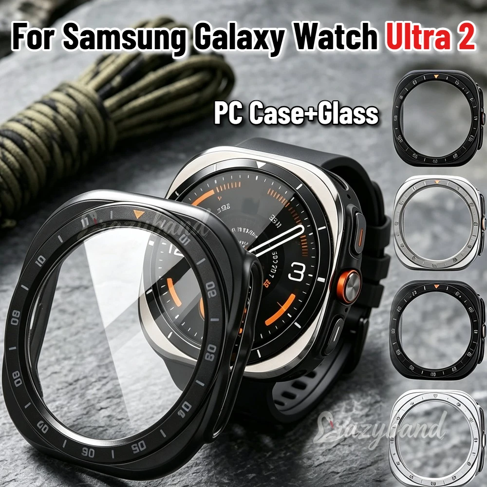 PC Case+Glass for Samsung Galaxy Watch Ultra 2 Tempered Glass Screen Protector Hollow Hard PC Case Galaxy Watch Ultra2026 Cover