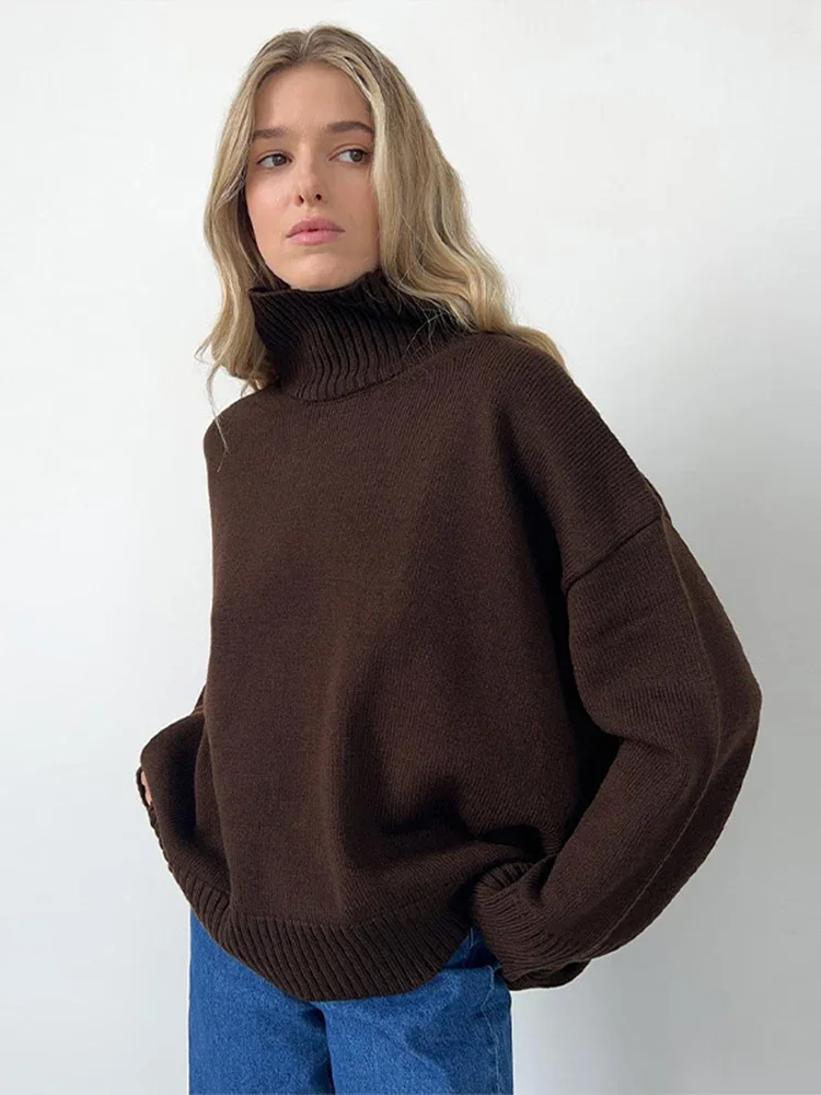 Women\'s Turtleneck Oversize Cashmere Sweaters Vintage Long Sleeve Knitted Red Brown Sweater Pullover 2024 New All-match Knitwear