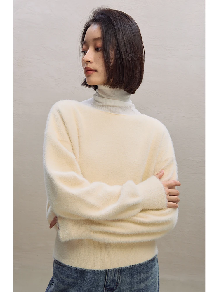 ZIQIAO Women Light Yellow Sweaters Faux Mink Wool Slash Neck Pullover Tops Gentle Style Female Winter Long Sleeve Top 23ZQ94209