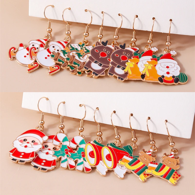 Cute Enamel Santa Claus Earrings Elk Snowman Drop Earrings for Women Girls Christmas Party Jewelry Gifts