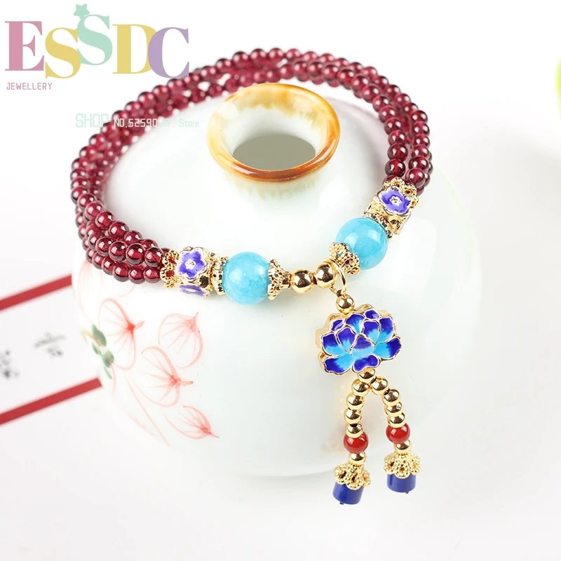 Wholesale 4Mm Fuchsia Garnet Round Ladies Multi-Circle Hand Beaded Bracelet Cloisonne Fish Accessories