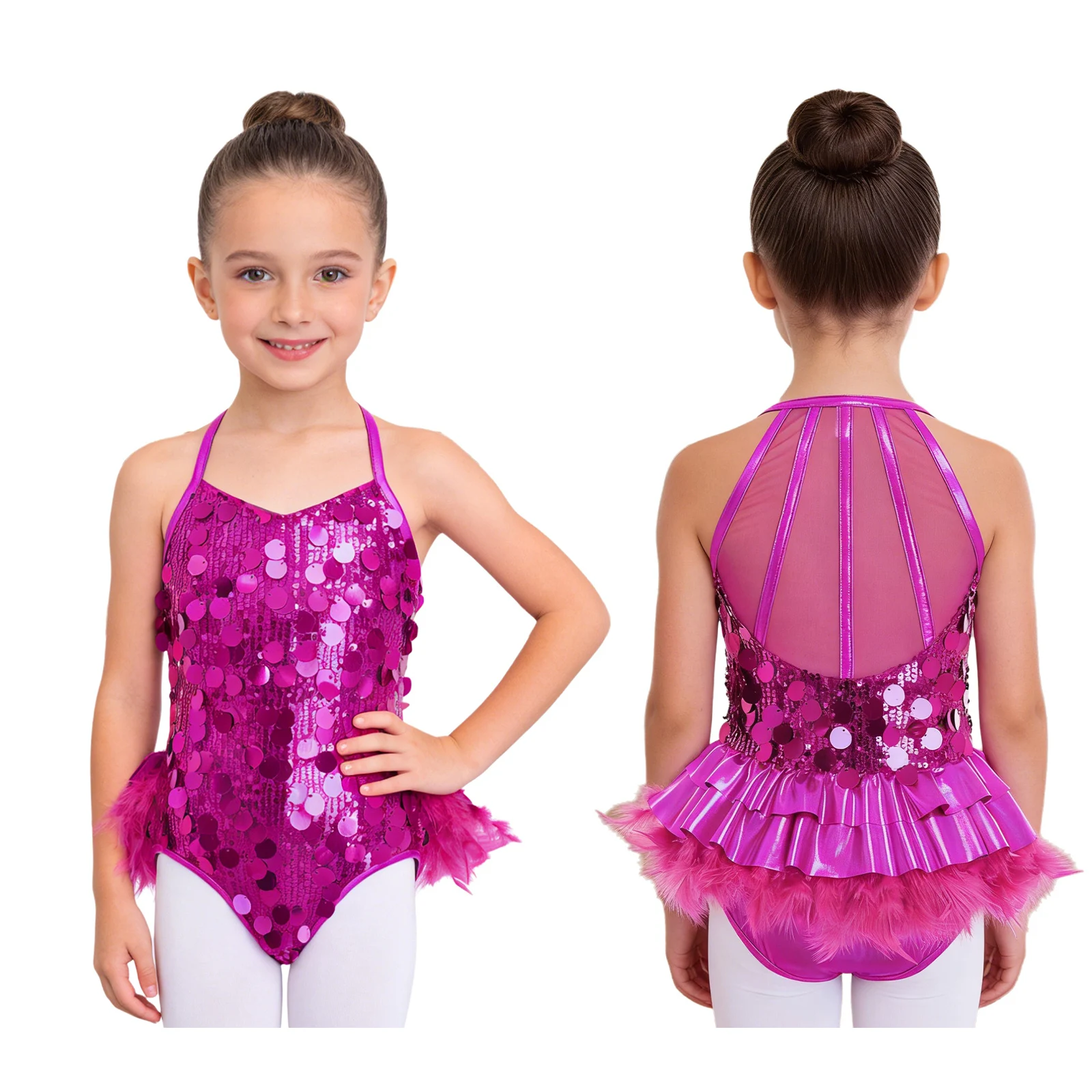 6-14Y Girls Ballet Jazz Dance Gymnastics Skating Acrobatics Leotard Tutu Sleeveless Shiny Sequin Mesh Feather Bodysuit Dancewear - view 2