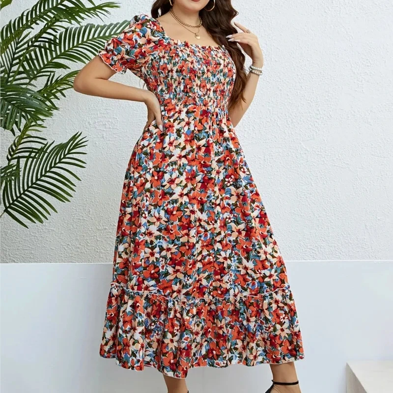 

Vestidos De Mujer Floral Print A-Line Maxi Dress With Lapels, Short Sleeve Slim-Fit Beach Resort Versatile Women's Summer Skirt