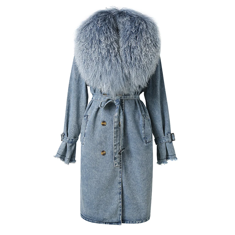 Lady Fashion Mongolian Fur Collar Denim Jacket Spring Autumn Long Trench Coat with Fur Detachable Collar