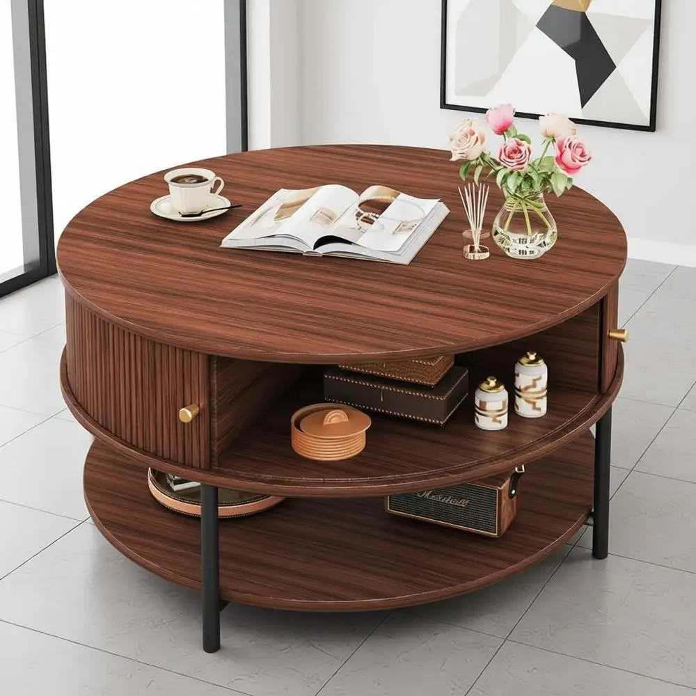 

Круглый кофейный столик 31,5 дюйма с местом для хранения, раздвижной дверцей шкафа, металлическими ножками, 3-ярусный, для гостиной, цвет орех