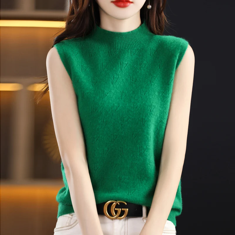 First-line ready-to-wear sleeveless semi-turtleneck vest female high-end knitted hollow top thin loose slim wool sling