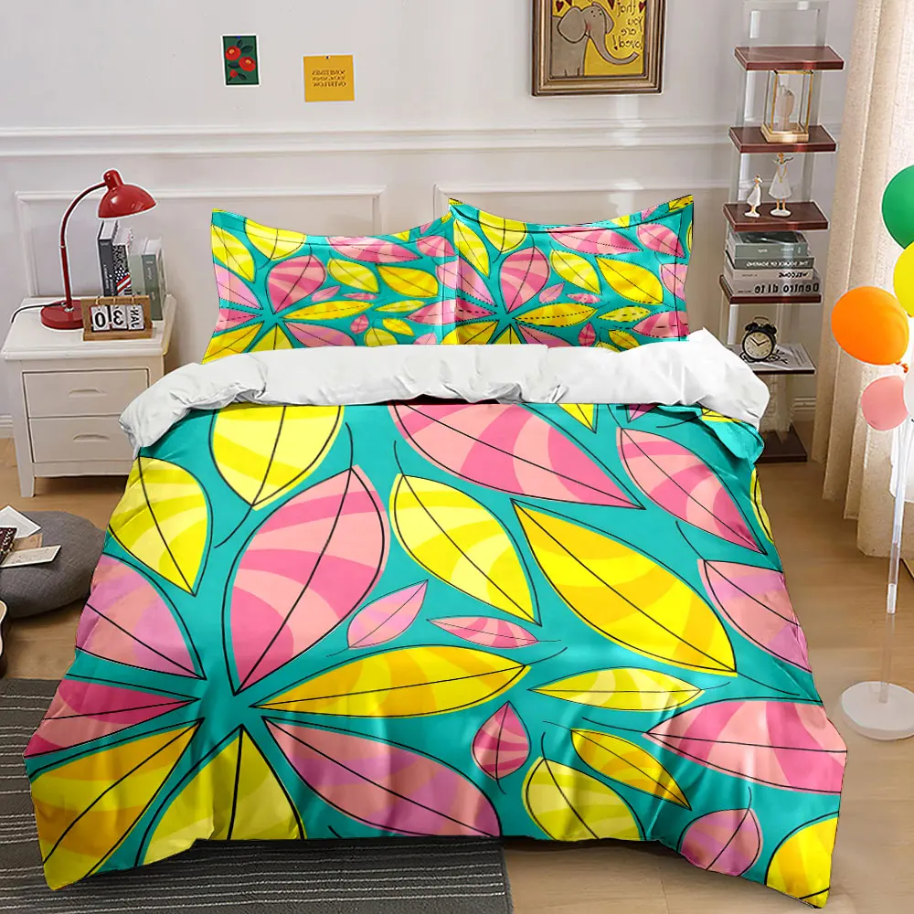 Colorful abstract leaf pattern Print Bedding Set 1 Duvet Cover 2 Pillowcases for Adult and Children Luxury Gift Full Size