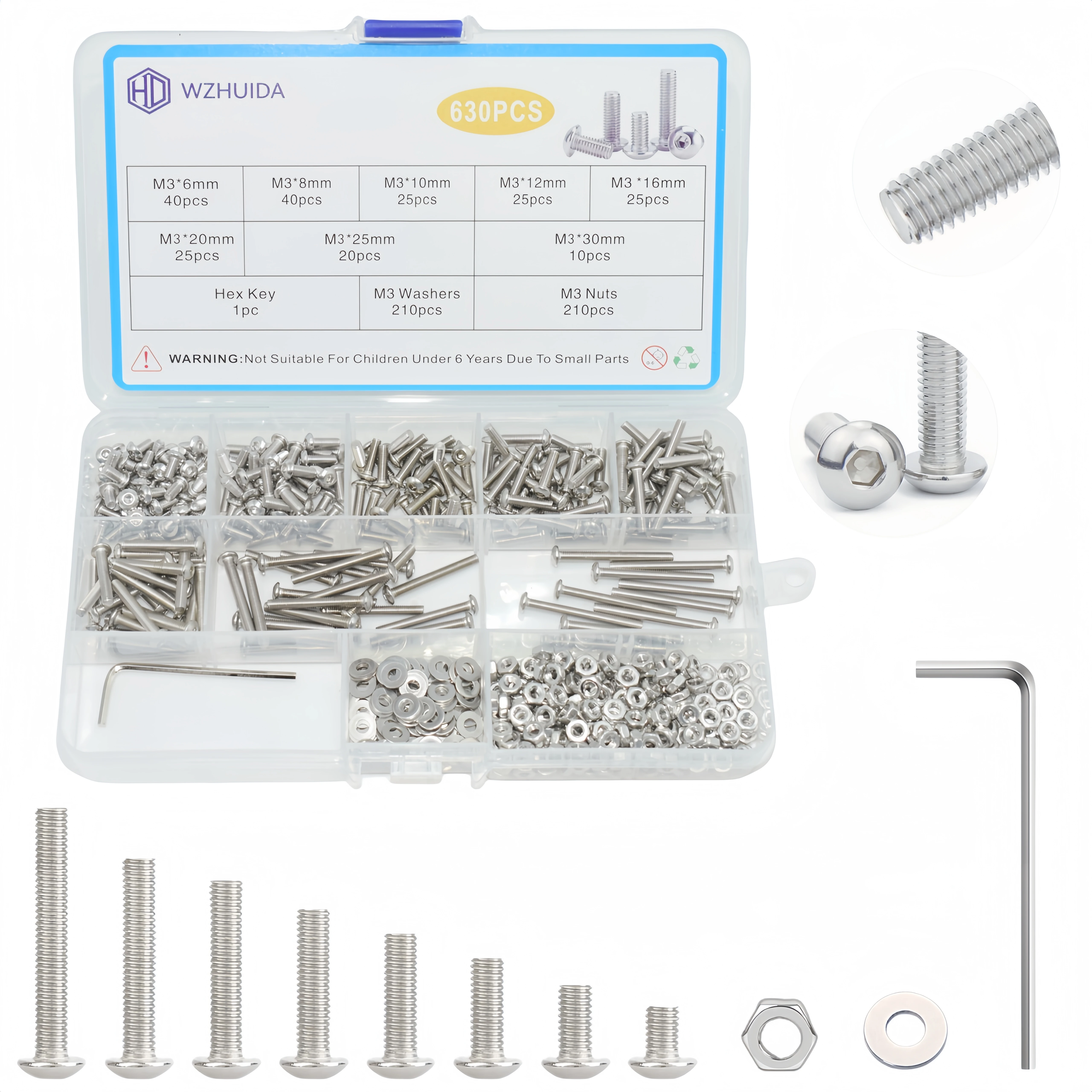 WZHUIDA 630pcs M3 304 Stainless Steel Hex Hexagon Socket Allen Button Head Screw Bolt Nut Assortment Kit ISO7380