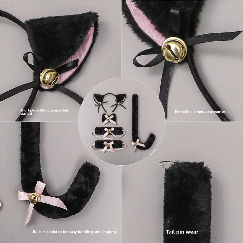 섹시한 플러시 칼라 팔찌 꼬리 5개 세트 귀여운 소녀 고양이 귀 머리띠 롤플레이 액세서리 태슬 헤드드레스 드레스업 세트
