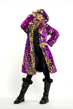 Image New Women's Faux Fur Jacket Long Autumn And Winter Coat For Women In Neon Glitzy Leopard Print Hooded Faux Fur Coat