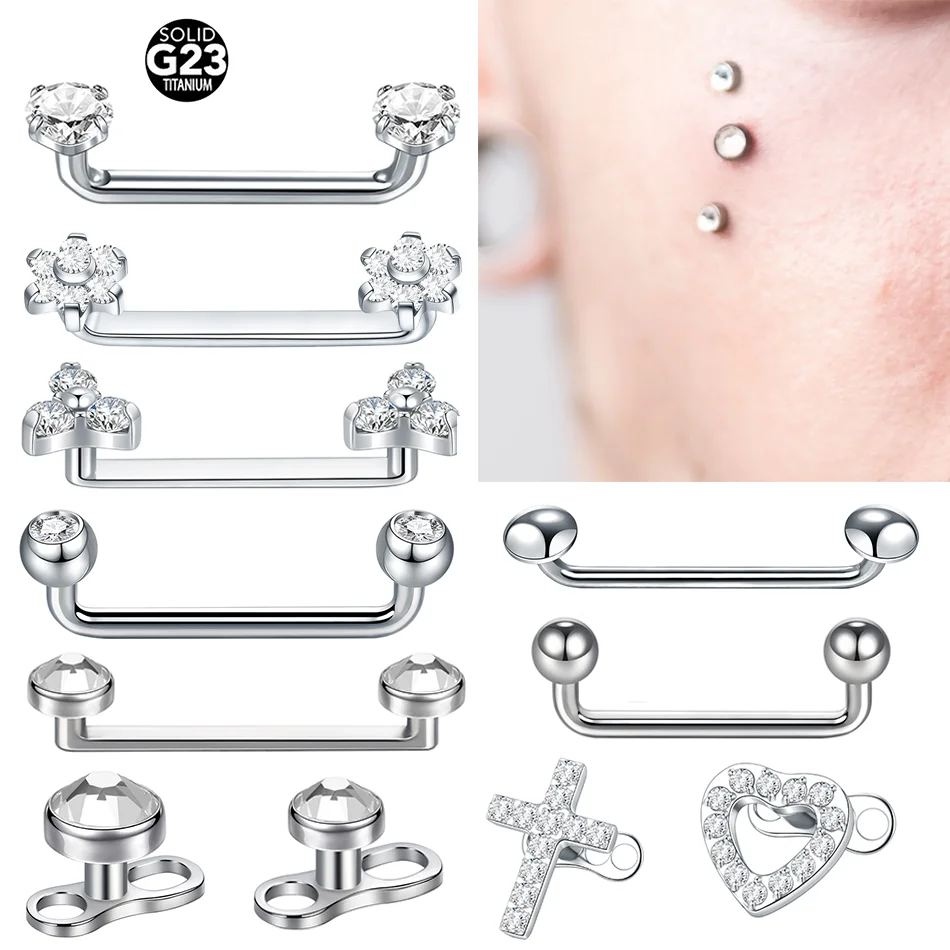 1 pieza de anclas microdermicas de corazón de titanio CZ Surfcae Piercings de barra 14G con rosca de circón para buzo de piel joyería para el cuerpo