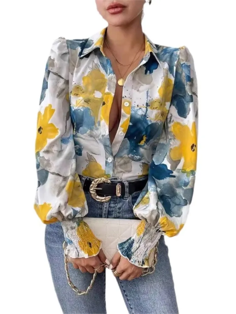 

New Women Shirts Elegant Casual Tops Single Breasted Puffed Sleeves Decoration Long Sleeve Fashion Office Ladies Commuting Shirt
