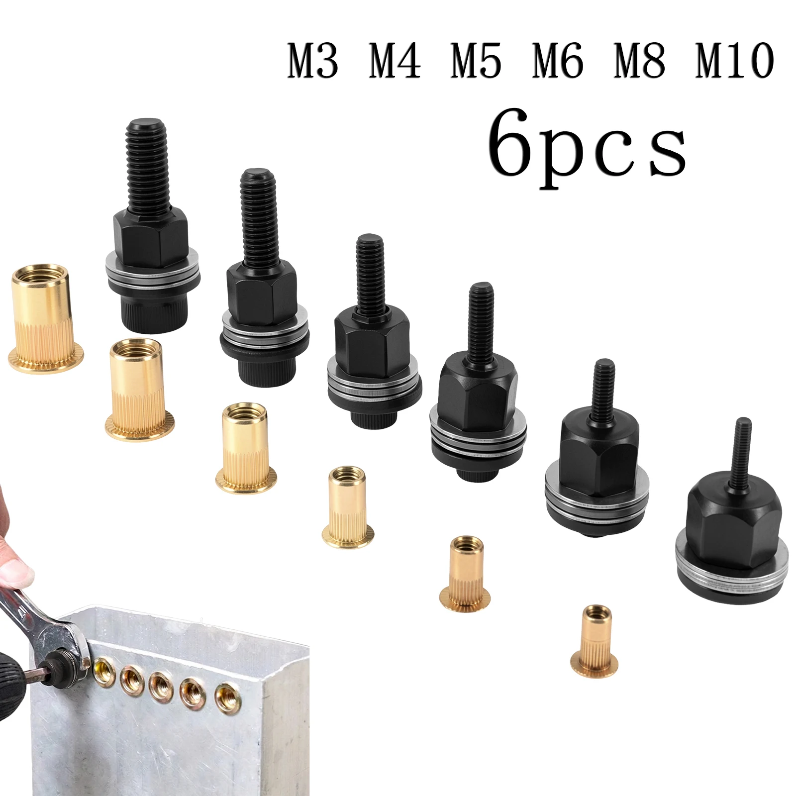 6Pcs Rivet Nut Mandrel Set M3 M4 M5 M6 M8 M10 Replacement Tool Heads Metric Threaded Insert Adapter Drill Wrench