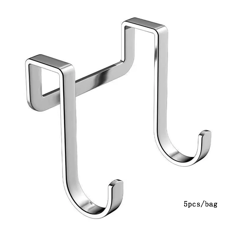 5pcs/bag Stainless Steel Hook Double S-Shape Hook No Hole Kitchen Bathroom Cabinet Door Reversible Hanger For Hanging Heavy Duty