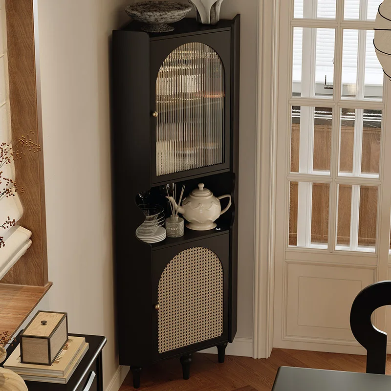 

French retro solid wood rattan corner cabinet bedroom triangular shelf corner wine