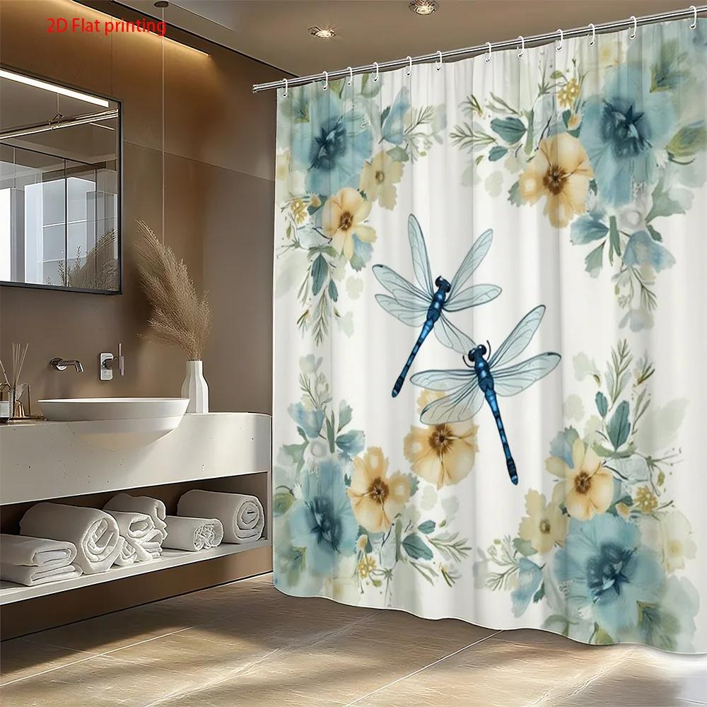 2D Flat, 2D Flat, 2D Flat Shower Curtain, 1pc Watercolor Floral Blue Dragonflies Shower Curtain with Hooks, Made of Polyester Ma