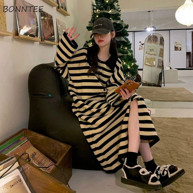 Knitted Long Dresses Women Korean Version Fashion Striped Loose Dress Leisure Designer Lovely Female Vestidos Outerwear Autumn