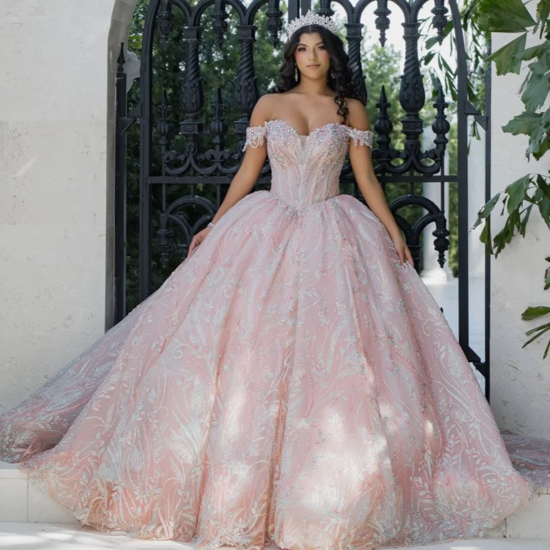 

Pink Quinceanera Dresses Off the Shoulder Crystal Glitter Decal Long tail Bow Vestido De 15 Quinceanera Customize