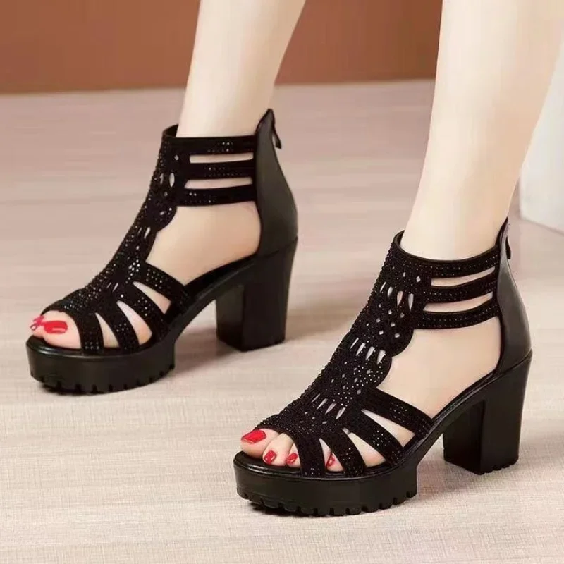 Women\'s Chunky Heel Shoes 2023 Summer Roman Open Toe Platform Heeled Shoes for Women Office Ladies High Heel Shoes Female Pumps