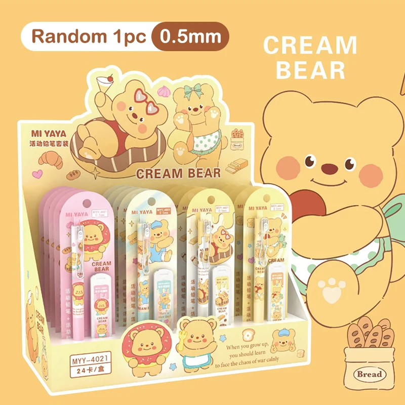 1 conjunto kawaii 0.5mm lápis de urso de manteiga com recargas de caneta terno clipe de caneta de desenho animado lápis automático estudante escrita artigos de papelaria suprimentos