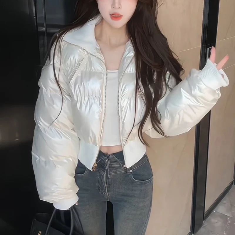 

Chic Short Style Glossy Cotton Clothes Women Winter New Knit Lapel Quilted Jackets Korean Thickened Warm Long Sleeved Outerwear