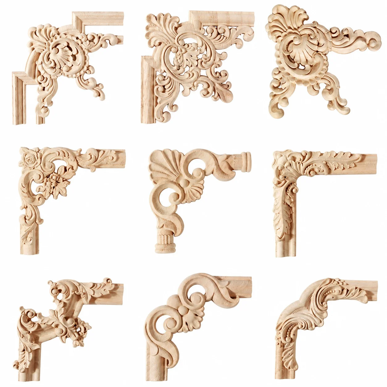 Solid wood floral carvings, wooden decorative corner flowers, furniture background wall carving accessories, cabinet door and mi