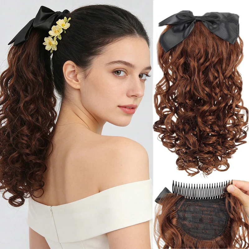 Synthetic Messy Bun Hair Piece for Women Ladies Wig Retro Ponytail Hair Comb Bow Knot Palace Curly Extensions Bun Hair Bun Piece