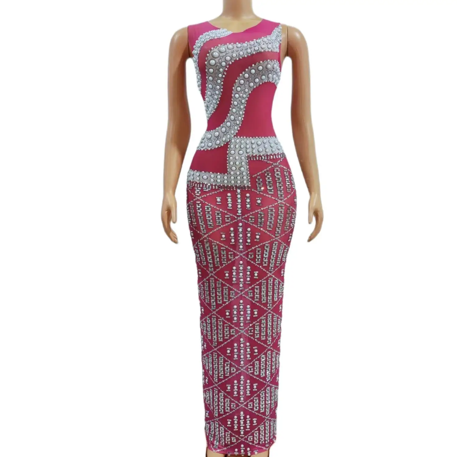 Fenhongshijia Luxury Fuchsia Mesh Mixed Pearl Baguette Rhinestone Maxi Dress Ladies Sleeveless Bodycon Night Out Prom Gowns