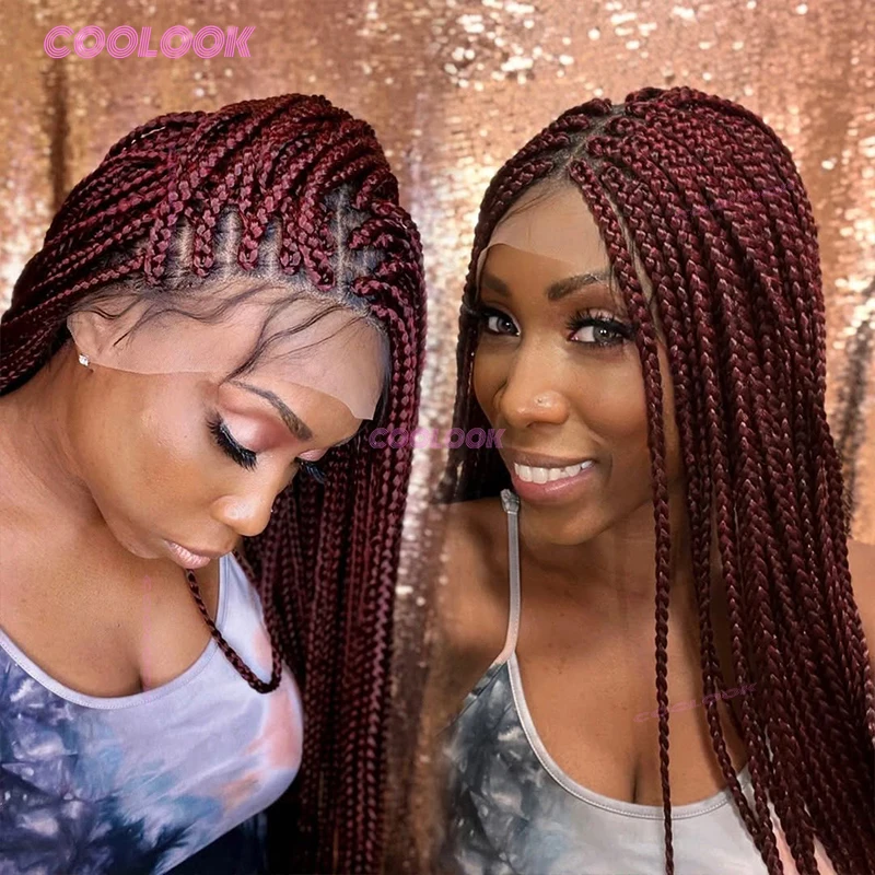 1BBurgundy 36 "Wig Sintetis Kepang Cornrow Wig Kepang Renda Penuh untuk Wanita Kulit Hitam Wig Kepang Kotak Tanpa Simpul