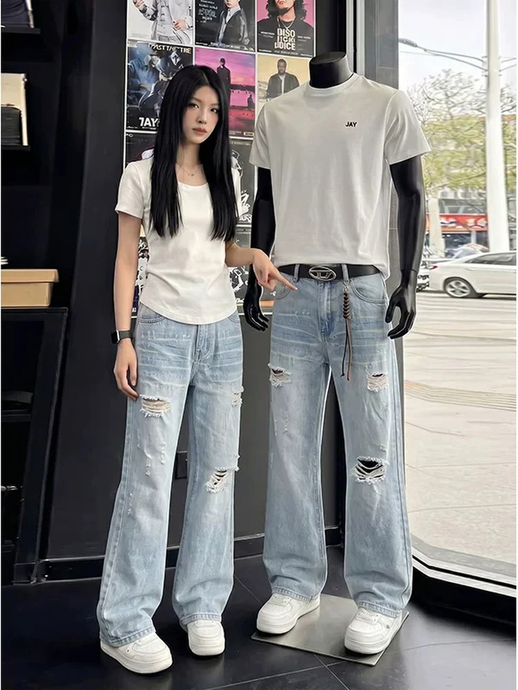 

Ice Blue Lightning Pattern Hole Denim Jeans Men Summer Thin Slim High Street Vibe Pants American Straight Bell Bottoms