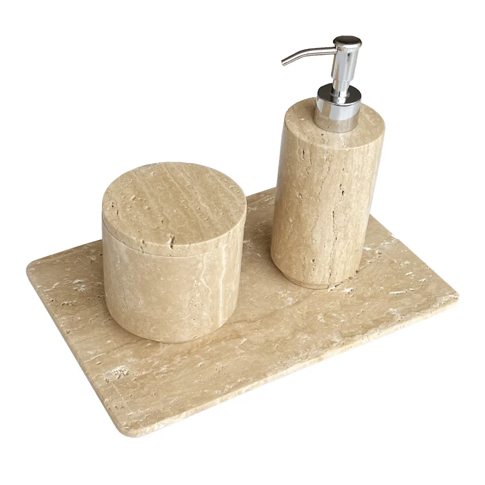 Wholesale 3 pcs/set Wabi-sabi Beige Yellow Natural Marble Travertine Stone Bathroom Set Sundry Storage Small Tray Box Dispenser