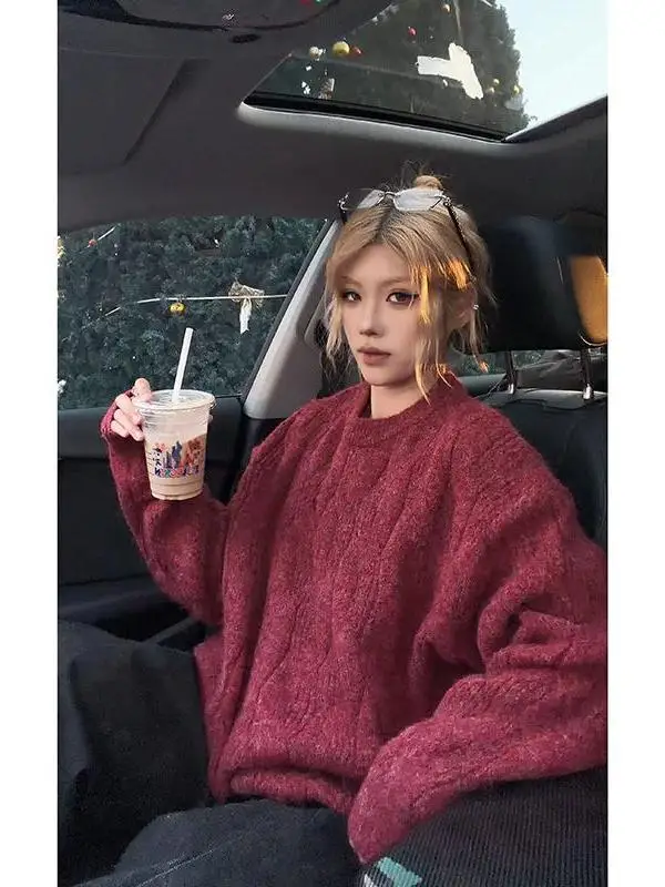 

American Retro Wool Blend round Ne Sweater Men's Winter Thi Warm Knitted irt Lazy Twisted Flower Pattern Loose Fit