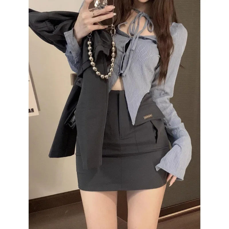 

Patchwork Pocket Casual Short Suit Jacket, Women's Skirt Clothing Slim, 2024 New Fashion, Women's Three-piece Set Coat Women