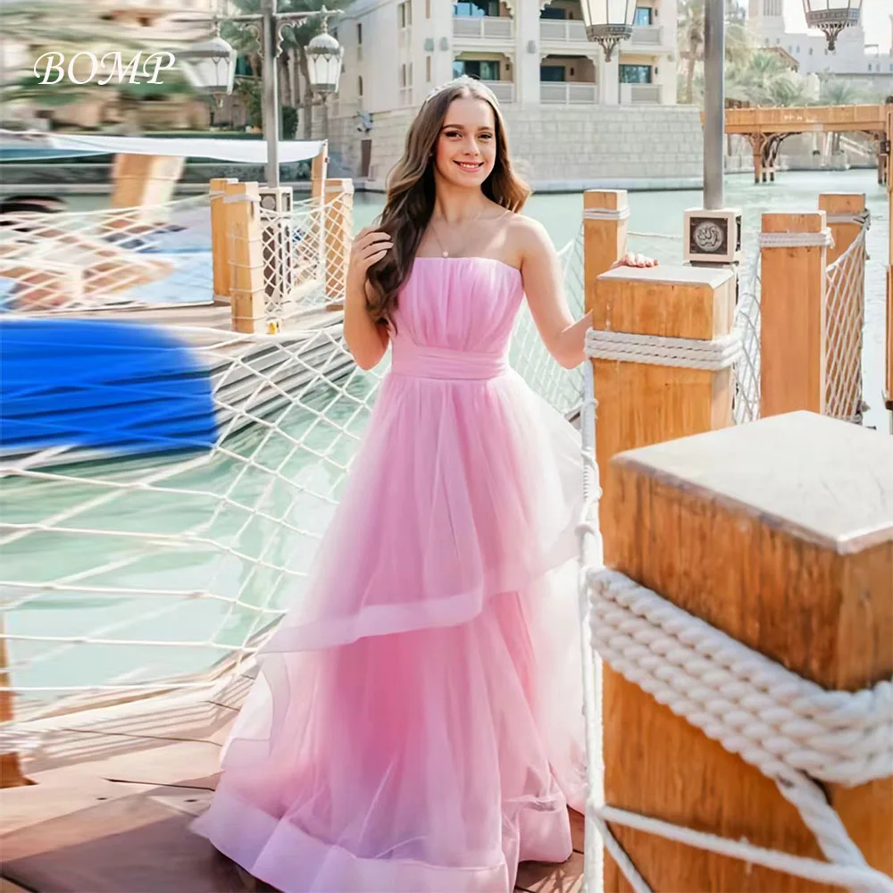

BOMP Princess Pink Wedding Party Dress Strapless Pleat Floor Length A-Line Organza Special Occasion Birthday Party Gown Custom